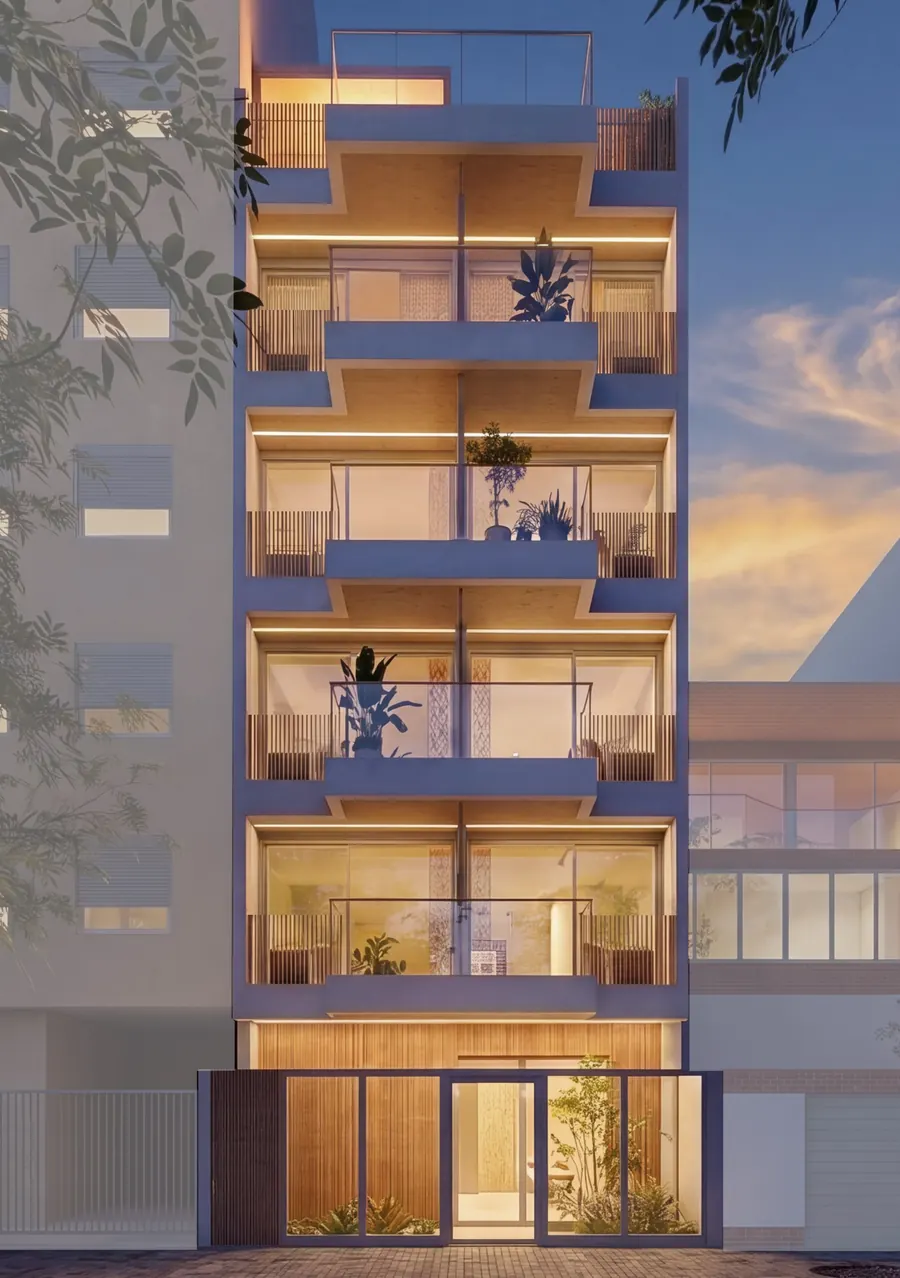 Edifício L74 Studios ao anoitecer, com as linhas de luz desenhando as varandas