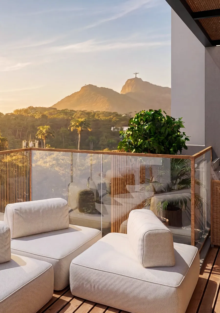 Lounge do rooftop do L74 Studios com sofás e o Cristo Redentor ao fundo